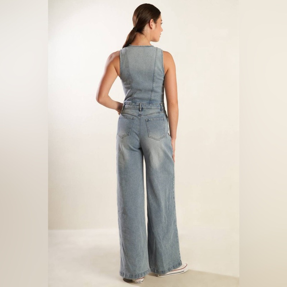 Western Mid Wash Denim Jumpsuit – Wide Leg One-Piece - Picture 5 of 10